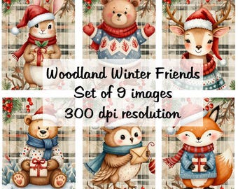 Kolaż zdjęć "Woodland Winter Friends" w formacie cyfrowym do pobrania, 9 obrazów, 300 DPI, Polly's Paper Studio