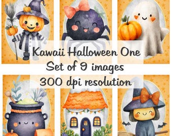 Kawaii Halloween Obrazy Kolaż Cyfrowe Obrazy do Wydruku Pobierz Plik 9 Obrazy 300 DPI Polly's Paper Studio