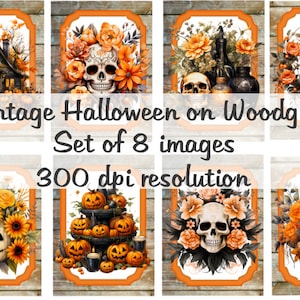 Vintage Halloween on Woodgrain Collage Digital Images printable download file 8 Images 300 DPI Polly's Paper Studio