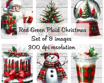 Kolaż świąteczny w czerwono-zieloną kratkę Obrazy cyfrowe do pobrania plik do druku 9 obrazów 300 DPI Polly's Paper Studio