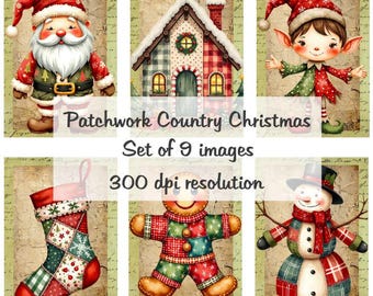 Patchwork Country Christmas Collage Obrazy cyfrowe do pobrania plik do druku 9 obrazów 300 DPI Polly's Paper Studio