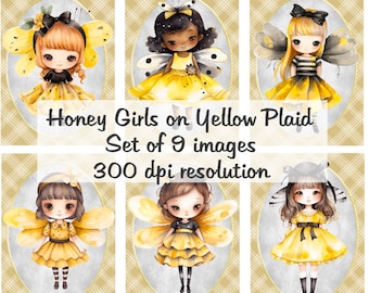 Honey Girls on Yellow Plaid Images Collage Digital Images printable download file 9 Images 300 DPI Polly's Paper Studio