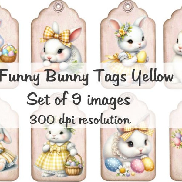 Funny Bunny Tags Yellow Images Collage Digital Images printable download file 9 Images 300 DPI Polly's Paper Studio