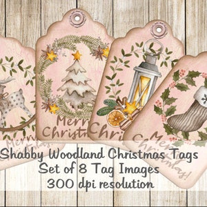 May include: Set of eight pink and brown Christmas gift tags with a woodland theme. The tags feature illustrations of a deer, a Christmas tree, a lantern, and a stocking. The text "Merry Christmas" is written on the tags.