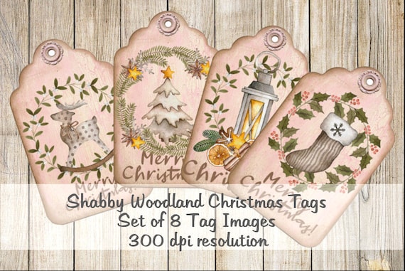 Shabby Woodland Christmas Tags Digital Images Printable Download File  Set of 8 300dpi Resolution