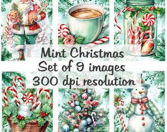 Kolaż świąteczny z miętą, obrazy cyfrowe, plik do pobrania, 9 obrazów, 300 DPI, Polly's Paper Studio