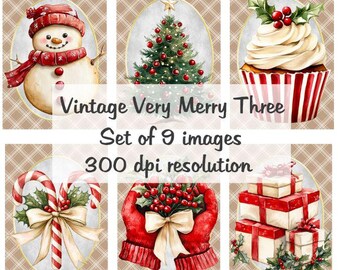 Vintage Wesołych Świąt Bożego Narodzenia Trzy obrazy Kolaż Cyfrowe obrazy do druku Pobierz plik 9 obrazów 300 DPI Polly's Paper Studio