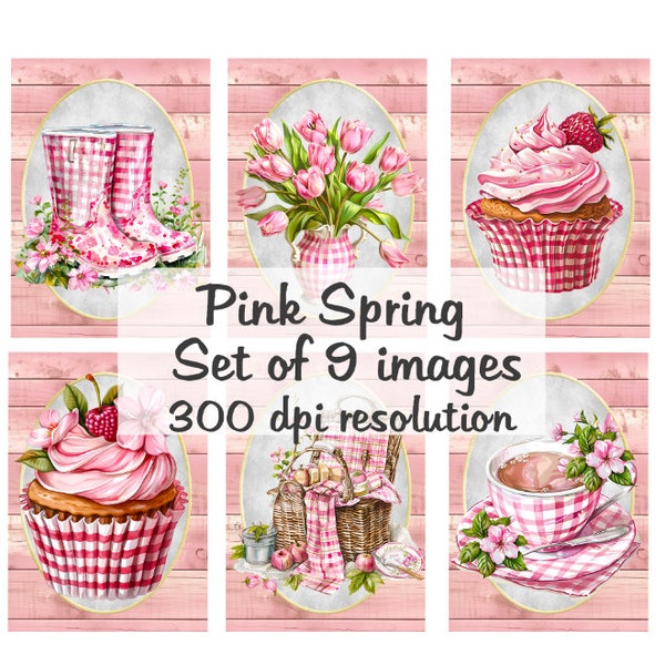 Pink Spring Images Collage Digital Images printable download file 9 Images 300 DPI Polly's Paper Studio