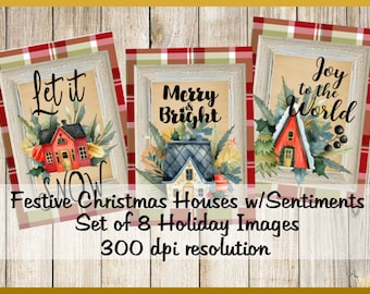 Festive Christmas Houses w/Sentiments Collage Digital Images printable download file 8 Images 300 DPI