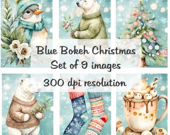 Niebieski bokeh świąteczny kolaż Obrazy cyfrowe do pobrania plik do druku 9 obrazów 300 DPI Polly's Paper Studio