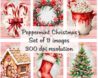 Miętowe Święta Bożego Narodzenia Kolaż Cyfrowe Obrazy do druku Pobierz plik 9 Obrazy 300 DPI Polly's Paper Studio