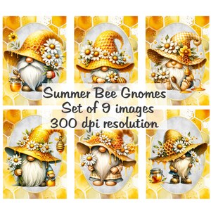 May include: Set of nine digital images featuring bee gnomes with honey dripping from their hats. The gnomes are wearing yellow and white hats with daisies and honeycomb patterns. The background is a yellow honeycomb pattern.  Summer Bee Gnomes Set of 9 images 300 dpi resolution