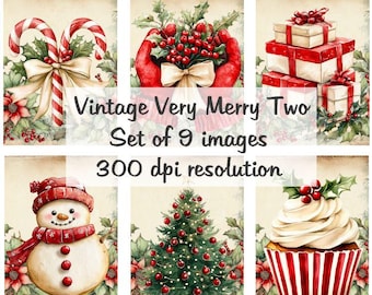 Vintage Wesołych Świąt Bożego Narodzenia Dwa obrazy Kolaż Cyfrowe obrazy do druku Pobierz plik 9 obrazów 300 DPI Polly's Paper Studio