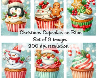 Babeczki świąteczne na niebieskim kolażu Obrazy cyfrowe do druku Pobierz plik 9 obrazów 300 DPI Polly's Paper Studio