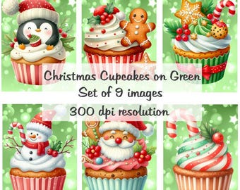 Babeczki świąteczne na zielonym kolażu Obrazy cyfrowe do pobrania plik do druku 9 obrazów 300 DPI Polly's Paper Studio