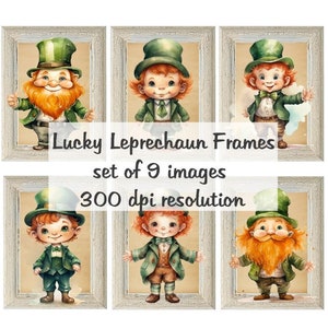 Op de afbeelding: Set van negen digitale afbeeldingen met illustraties van kabouters in groene hoeden en outfits, met rood haar en baarden, in witte frames met een houtnerfstructuur. De afbeeldingen hebben een resolutie van 300 dpi. De tekst "Lucky Leprechaun Frames set of 9 images 300 dpi resolution" is in de afbeelding opgenomen.