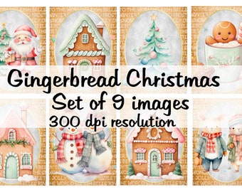 Gingerbread Christmas Images Collage Imágenes digitales archivo de descarga imprimible 9 Imágenes 300 DPI Polly&#39;s Paper Studio