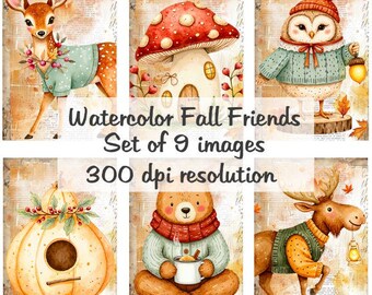 Akwarela Jesienny Kolaż Przyjaciele Cyfrowe Obrazy do Wydruku Plik do Pobrania 9 Obrazów 300 DPI Polly's Paper Studio