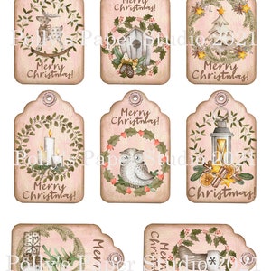 May include: Set of six pink and brown Christmas gift tags with a variety of wintery designs. The tags feature wreaths, owls, candles, lanterns, and a Christmas tree. Each tag has the text "Merry Christmas!" on it.