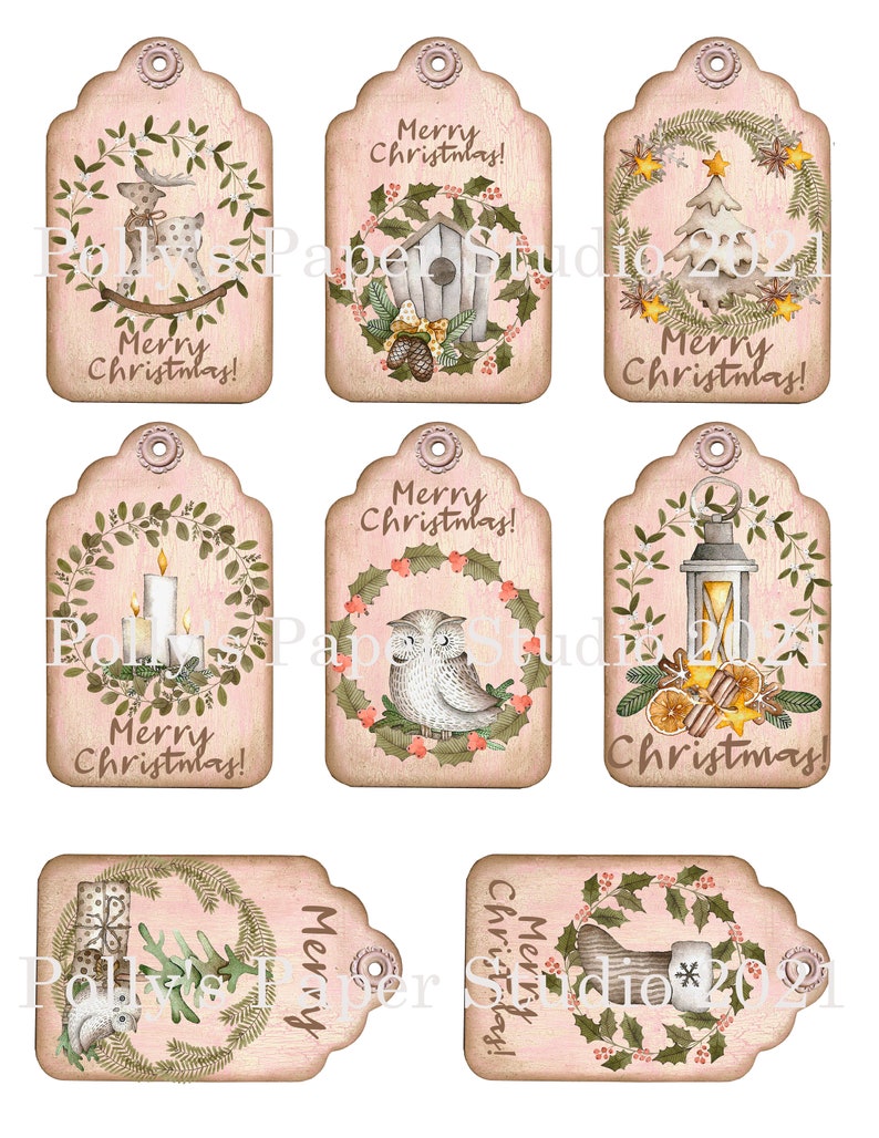 May include: Set of six pink and brown Christmas gift tags with a variety of wintery designs. The tags feature wreaths, owls, candles, lanterns, and a Christmas tree. Each tag has the text "Merry Christmas!" on it.