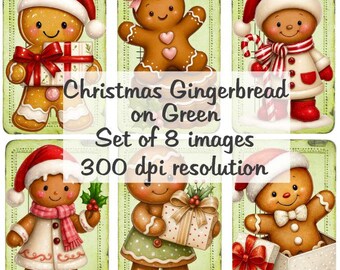 Pierniki świąteczne na zielonym kolażu Obrazy cyfrowe do pobrania plik do druku 8 obrazów 300 DPI Polly's Paper Studio