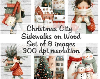 Świąteczne chodniki miejskie na drewnianym kolażu Obrazy cyfrowe do pobrania plik do druku 9 obrazów 300 DPI Polly's Paper Studio