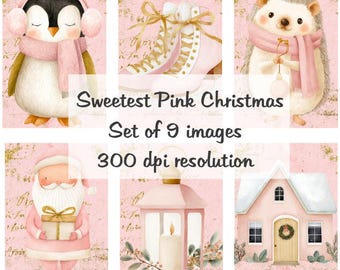 Najsłodszy różowy kolaż świąteczny Obrazy cyfrowe do pobrania plik do druku 9 obrazów 300 DPI Polly's Paper Studio