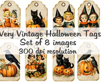 Very Vintage Halloween Tags   Collage Digital Images printable download file 8 Images 300 DPI Polly's Paper Studio