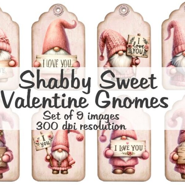 Shabby Sweet Valentine Gnomes Imágenes Collage Imágenes digitales archivo de descarga imprimible 9 Imágenes 300 DPI Polly's Paper Studio