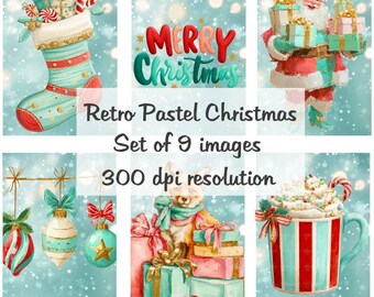 Retro pastelowy kolaż świąteczny Obrazy cyfrowe do pobrania plik do druku 9 obrazów 300 DPI Polly's Paper Studio