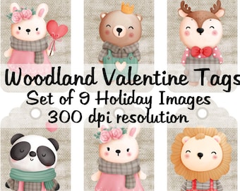 Woodland Valentine Tags Collage Digital Images Printable download file 9 Images 300 DPI