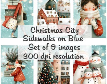 Chodniki w mieście w okresie Bożego Narodzenia na niebieskim tle. Kolaż obrazów cyfrowych do druku. Pobierz plik 9 obrazów o rozdzielczości 300 DPI. Polly's Paper Studio