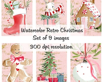 Akwarela Retro Boże Narodzenie Kolaż Cyfrowe Obrazy do druku Pobierz plik 9 Obrazy 300 DPI Polly's Paper Studio
