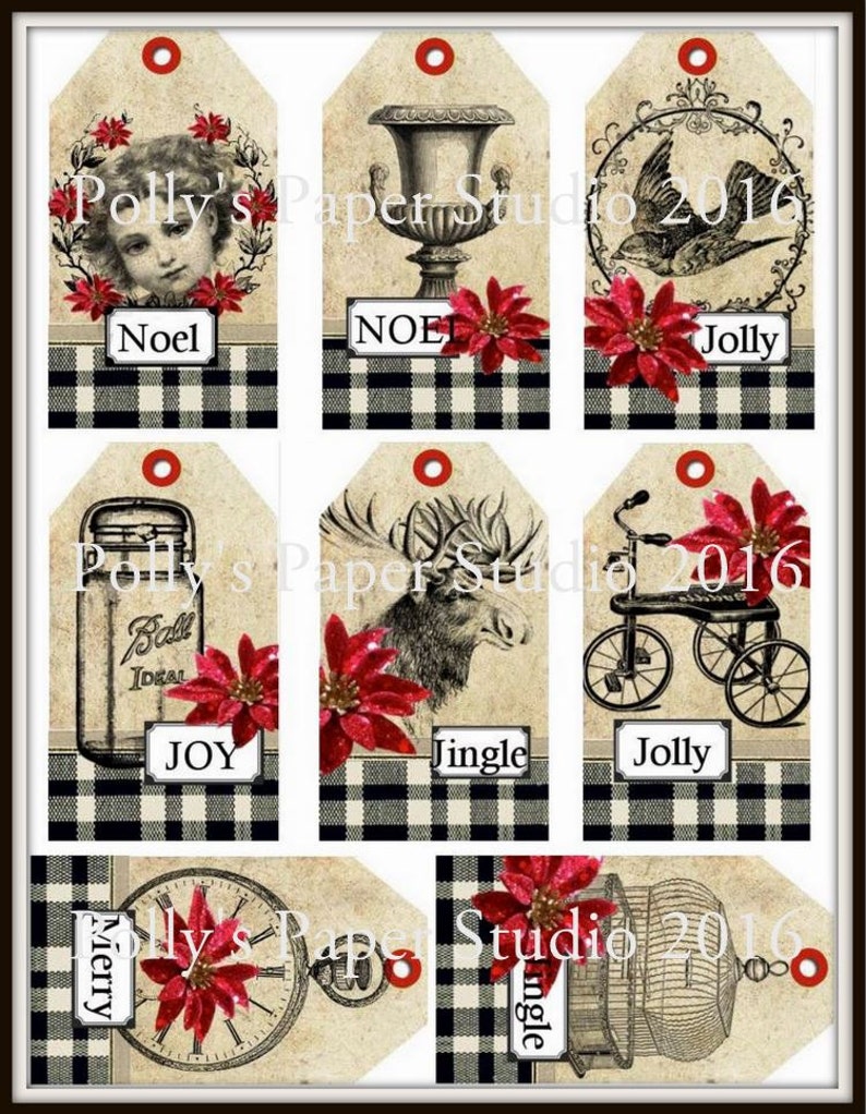 black plaid vintage christmas tags digital images