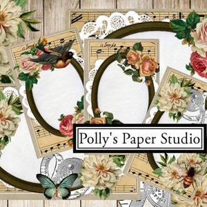 Pode incluir: Uma colagem vintage com molduras ovais, elementos florais e notas musicais. As molduras têm bordas escuras, são cercadas por renda branca e adornadas com rosas, borboletas e abelhas. O texto "Polly's Paper Studio" é visível.