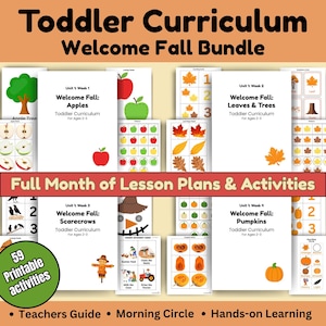 May include: A Toddler Curriculum Welcome Fall Bundle featuring lesson plans and activities for ages 2-3. The set includes 59 printable activities, a teachers guide, morning circle, and hands-on learning materials with themes of apples, leaves, trees, scarecrows, and pumpkins.