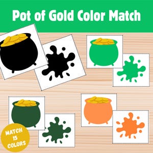 May include: A colorful educational game featuring cards with pots of gold and matching color splatters. The text "Pot of Gold Color Match" is at the top. A yellow circle with the text "Match 15 Colors" is at the bottom.
