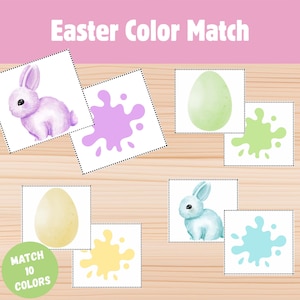 May include: An Easter-themed color matching game with the text "Easter Color Match." The game features illustrations of bunnies, eggs, and colorful paint splatters in various pastel shades, including purple, green, yellow, and blue. The game is designed for matching 10 colors.