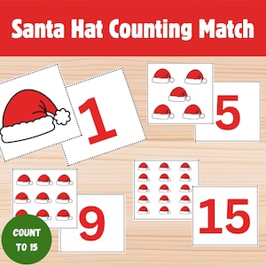 May include: A Christmas-themed educational game with the text "Santa Hat Counting Match." The game includes cards with Santa hats and numbers from 1 to 15. The cards are on a wooden surface, with a green circle that says "Count to 15."