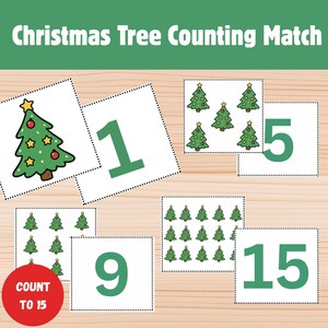 May include: Christmas Tree Counting Match game with green and white cards. The cards feature Christmas trees, numbers, and the text "Count to 15". The game includes cards with 1, 5, 9, and 15, along with corresponding tree illustrations.