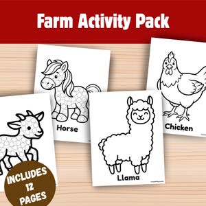 Könnte beinhalten: Ein Farm-Aktivitätspaket mit 12 Schwarz-Weiß-Malvorlagen. Die Seiten zeigen Illustrationen von einem Pferd, einem Huhn, einer Ziege und einem Lama mit kräftigen Umrissen. Ein braunes kreisförmiges Abzeichen unten links zeigt Includes 12 Pages.