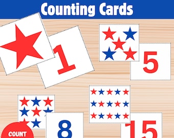 Tarjetas de conteo de estrellas patrióticas / Actividad matemática del 4 de julio / Números del 1 al 15 / Conteo inspirado en Montessori para niños pequeños y preescolares