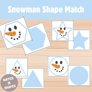 May include: A wooden surface displays a children's educational game titled "Snowman Shape Match." The game features various shapes, including a hexagon, star, triangle, and circle, each paired with a matching snowman face. The game includes 15 shapes.