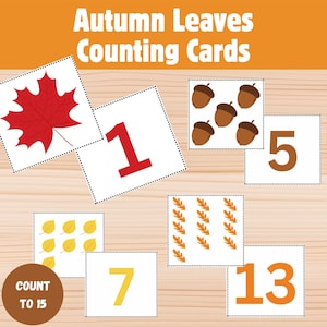 May include: Autumn Leaves Counting Cards. Educational cards with autumn-themed illustrations. Features a red maple leaf, acorns, and yellow leaves. Numbers 1, 5, 7, and 13 are displayed. The cards are on a light wood grain background.
