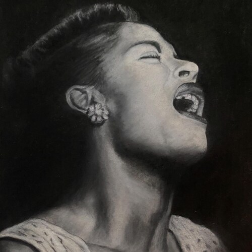 Impression Billie Holiday, portrait original au fusain par Andrea Waala