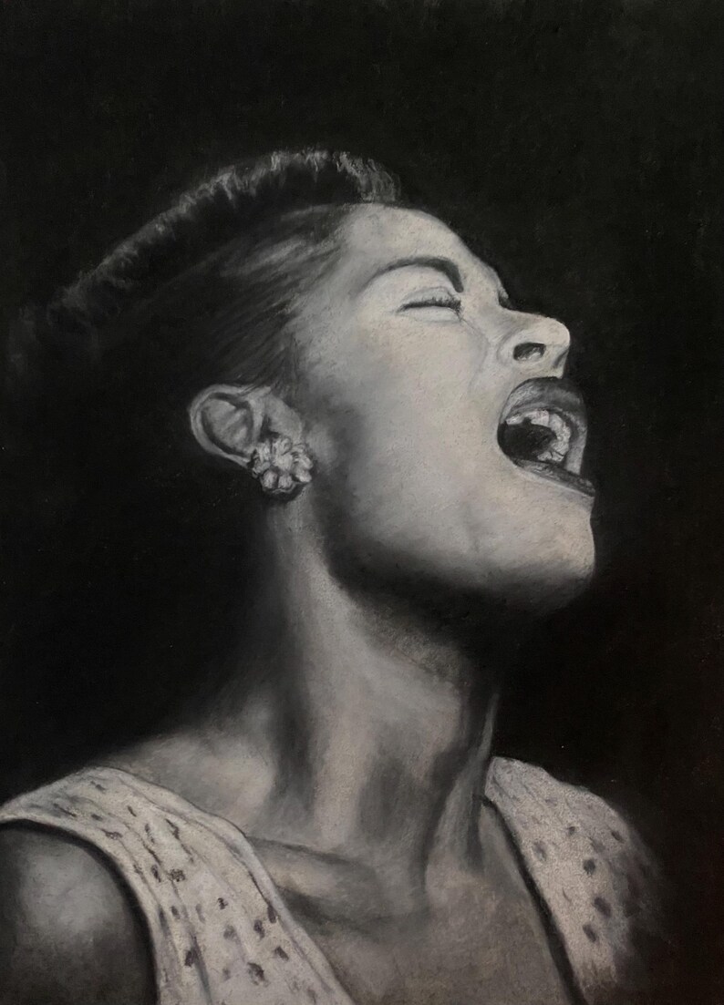 Billie Holiday Print, Original Charcoal Portrait by Andrea Waala image 1