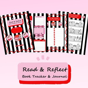 May include: A book tracker and journal with a pink background. The cover features black and white stripes with red accents and the text "Read & Reflect Book Tracker & Journal." Inside pages include reading trackers and to-do lists. Decorative cherries and book illustrations are also present.