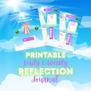 Op de afbeelding: Een afdrukbaar dagelijks en wekelijks reflectiedagboek met een blauwe luchtachtergrond. De dagboekpagina's bevatten alien-afbeeldingen, een UFO en secties voor notities, top taken en het volgen van de stemming. Tekst bevat "Daily Focus & Reflection Journal".
