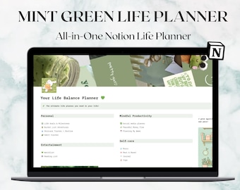 Notion Life Planner Template Digital Dashboard Daily Weekly Monthly Organizer Mint Green Aesthetic Productivity Layout