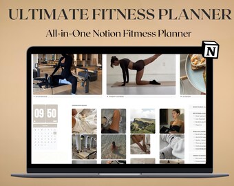 Plantilla de planificador de fitness de Notion, seguimiento de entrenamiento, planificador de comidas, registro de progreso, diario de hábitos, estado de ánimo y objetivos, panel de bienestar para la rutina diaria